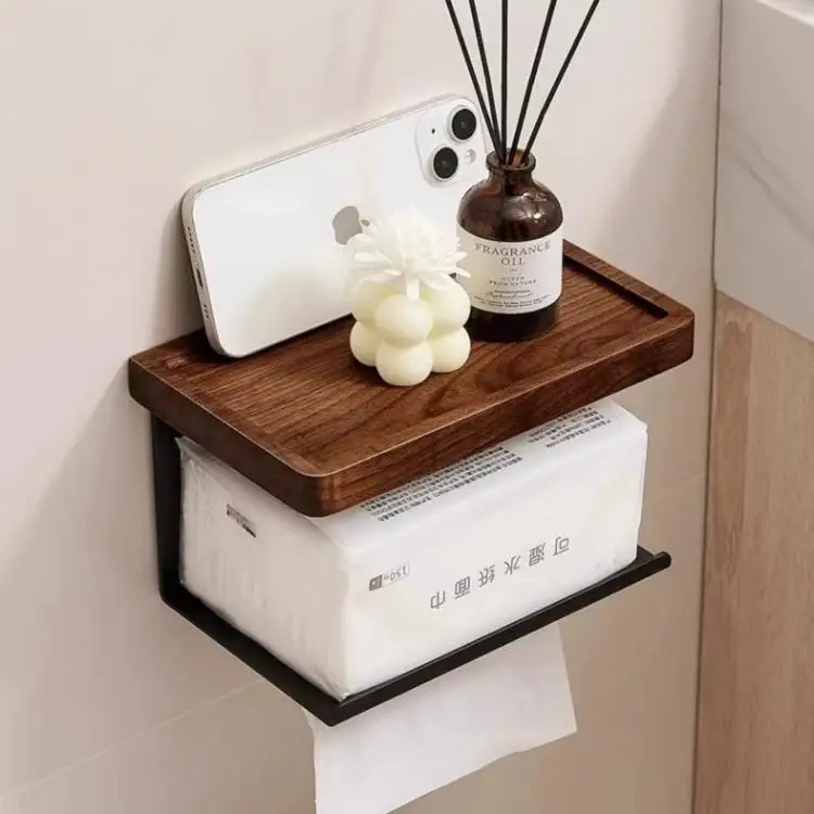 Toilet Paper Holder Wooden Toilet Paper Holder No Drill Wall Mount Tissue Rack With Storage Shelf Bathroom Organizer For Restroo