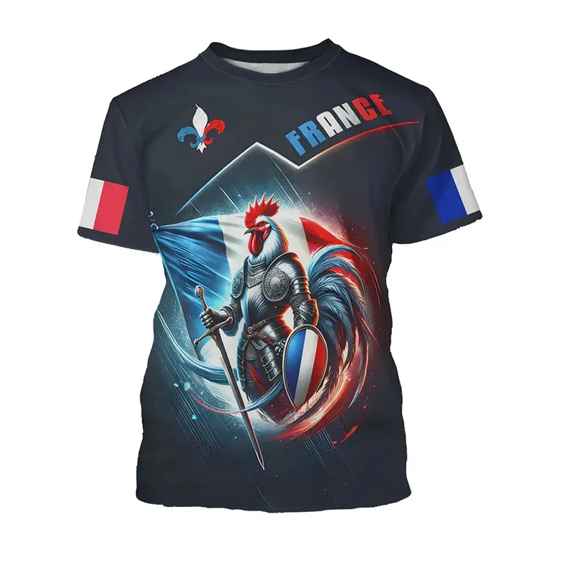France Retro Flag Print T-shirt Street Casual Harajuku Men's Clothing Oversized T Shirts Football Cock Harajuku Pattern Tee Top