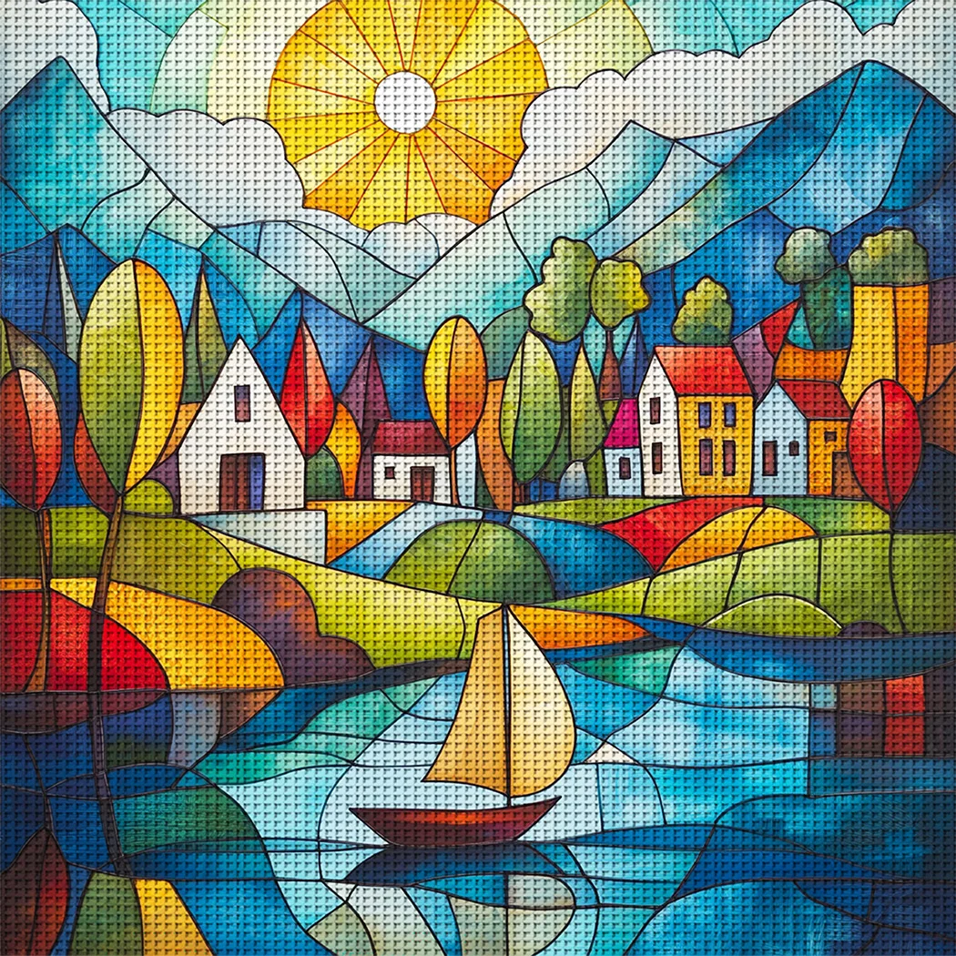 1 Stück 46x46cm/18,11x18,11 Zoll, 11CT Druck-Kreuzstich-DIY-Set, Glasstil-Dorf, Entspannendes Kreuzstich-Set für Erwachsene Anfänger
