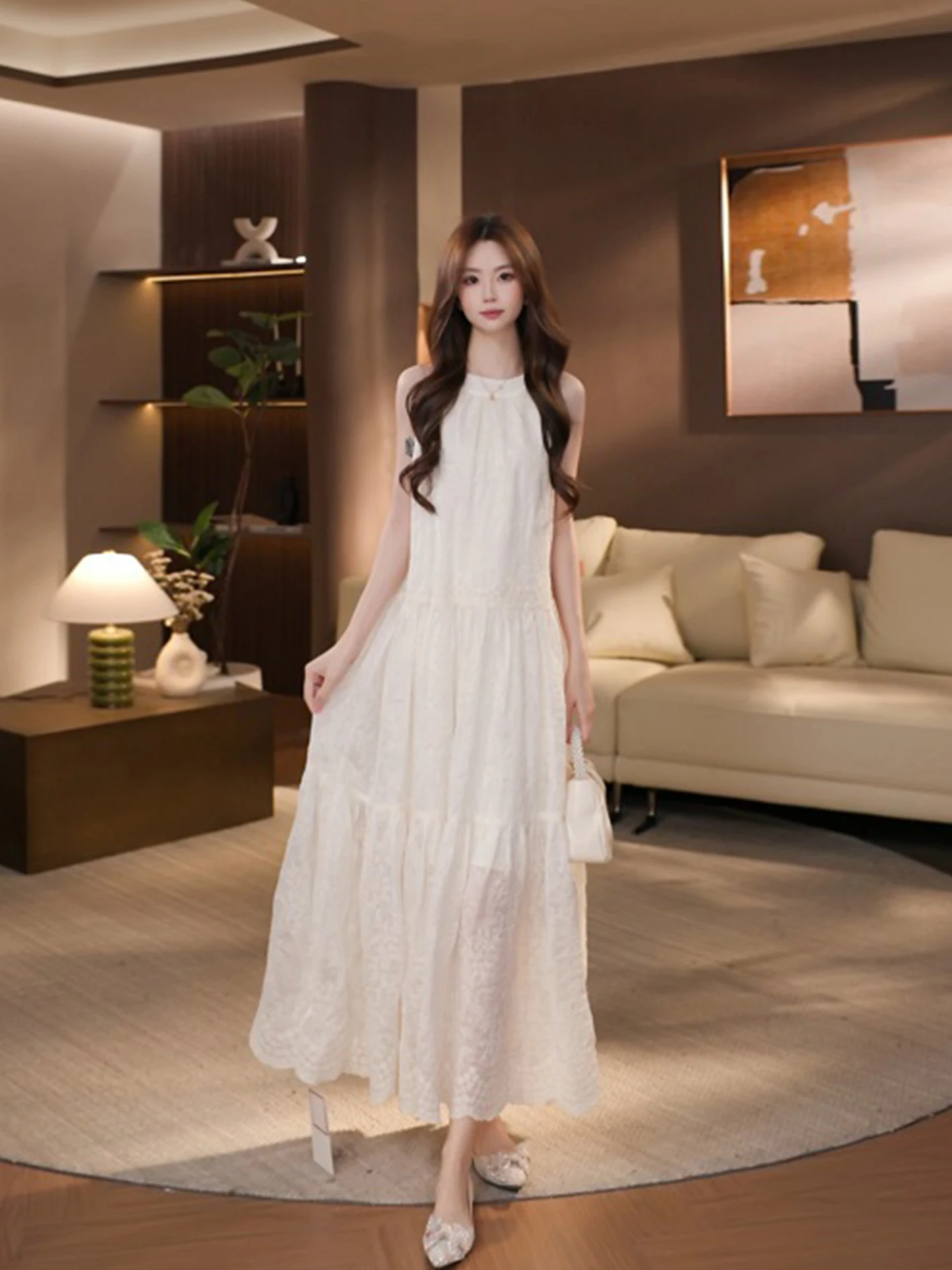 

Deng Liujiu Gentle Breeze Embroidered Floral Apricot Color Summer Slimming Beach Vacation High Waist Dress Women's Fashion