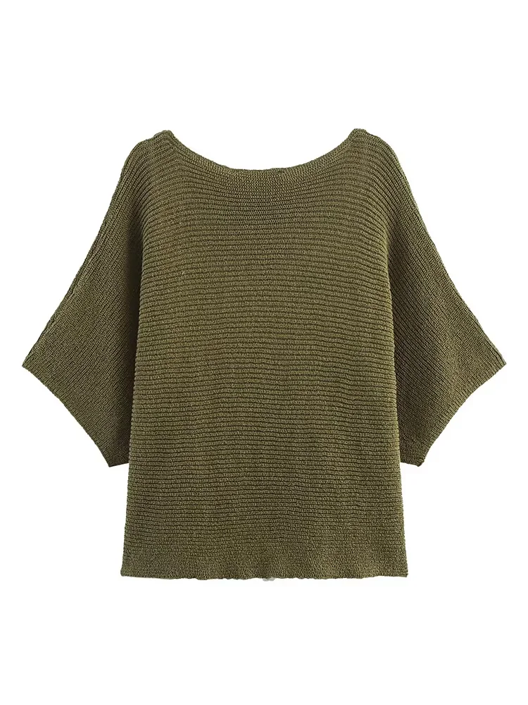 HH Mujer moda de otoño sólido cuello redondo costura manga corta Top de punto Mujer encaje adornado Top Casual suelto Mujer