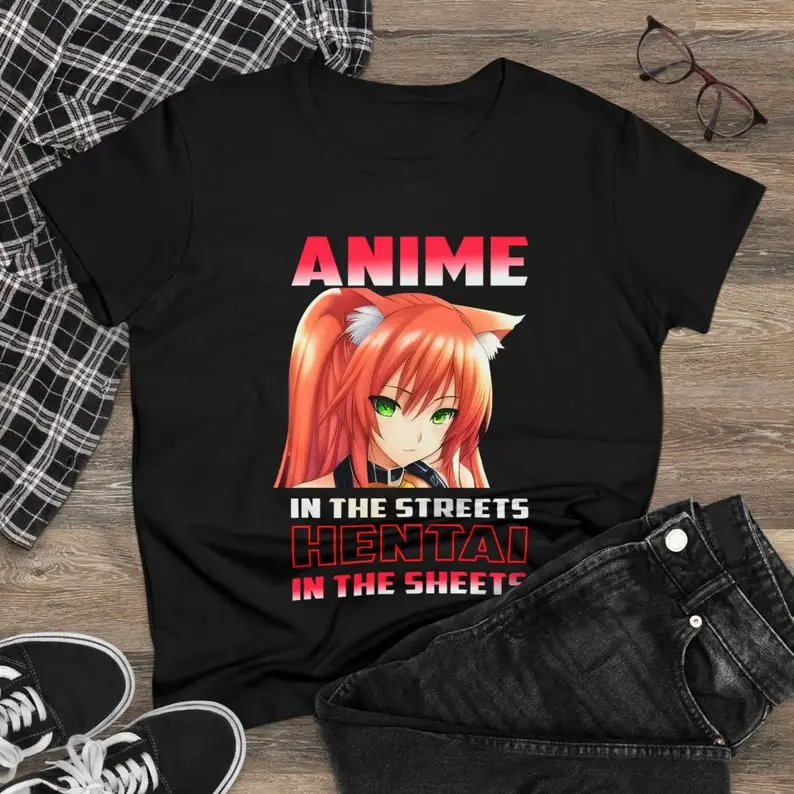 Anime in the Streets, Hentai in the Sheets Women's T-Shirt - Playful Red-Haired Cat Girl Design