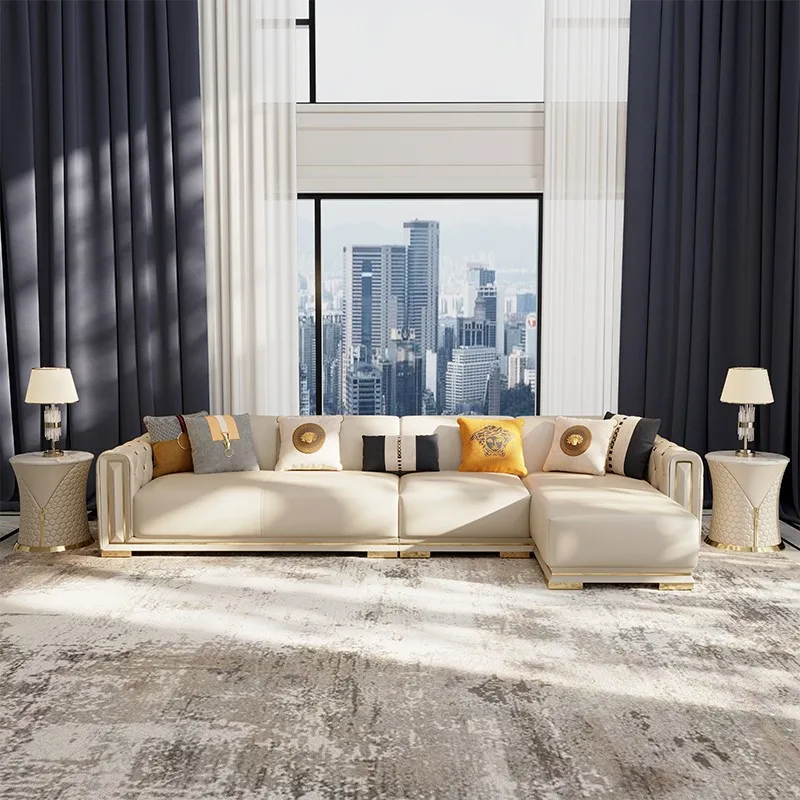 Stainless Steel Base l Shaped Microfiber Fabric Luxury Sofa Living Room Luxury Sectional Couch Living Room Sofa Set with Chaise