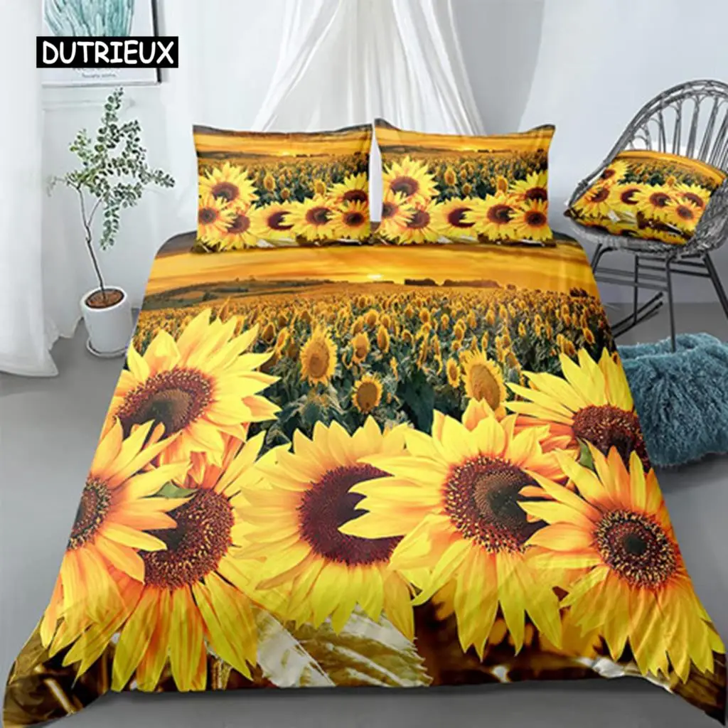 

Yellow Flower Duvet Cover Set Sunflower Bedclothes Sunflower Fields with Sunset Printed Botanical Flowers Polyester Bedding Set