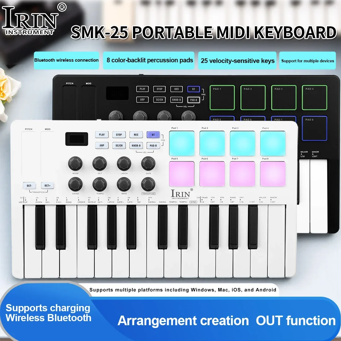 IRIN SMK-25 MIDI Pad Controller Keyboard USB Mini 25 Key 8 RGB Drum Pads 8 Knobs and Music Production Software Included