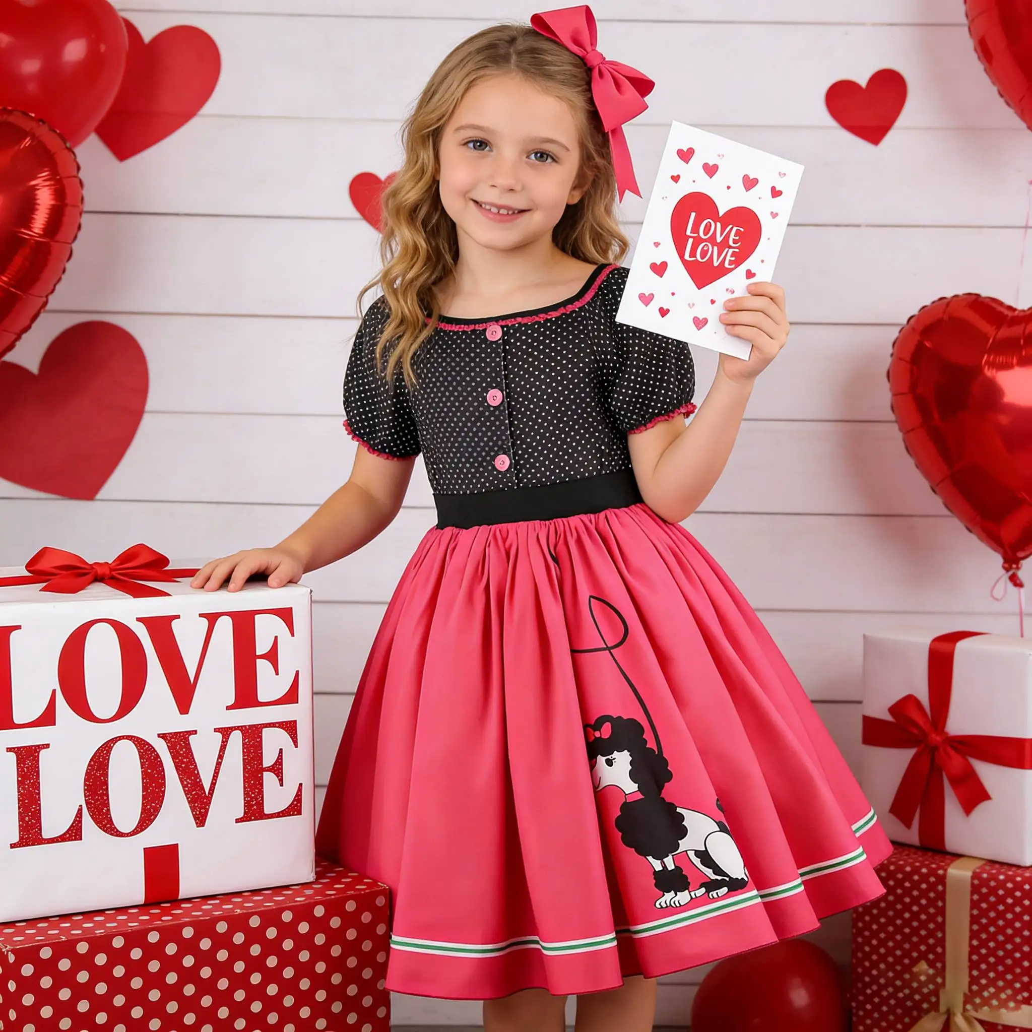 

Girls Vintage short Sleeve Dress and scarves Valentine's Day Polka Dot Print Dress Girls cartoon dog Skirt Halloween Party Dress