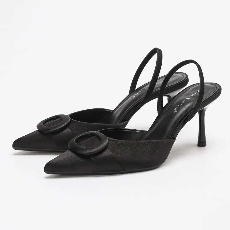 Elegante Satin High Heels Frauen Sexy Spitz Runde Schnalle Design Bankett Pumpen Damen Luxus Party Backless Designer Sandalen