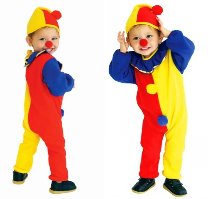 Funny 3pcs Children Clown Clothing Jumpsuit +Hat+Nose Party Halloween Cosplay Costume Props