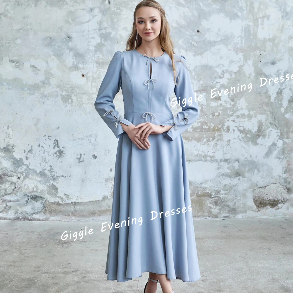 

Giggle Crepe O-Neck Bow Button Elegance Prom Gown Saudi Arab A-Line Summer Ankle-Length Evening Party Dresses for Women 2024