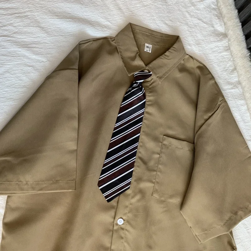 Dayifun Bruin Vintage Shirts Vrouwelijke Japanse Stedelijke Meisje Tooling Korte Mouwen Blouses Oversize Vijf Punt Mouw Dk Uniform tops