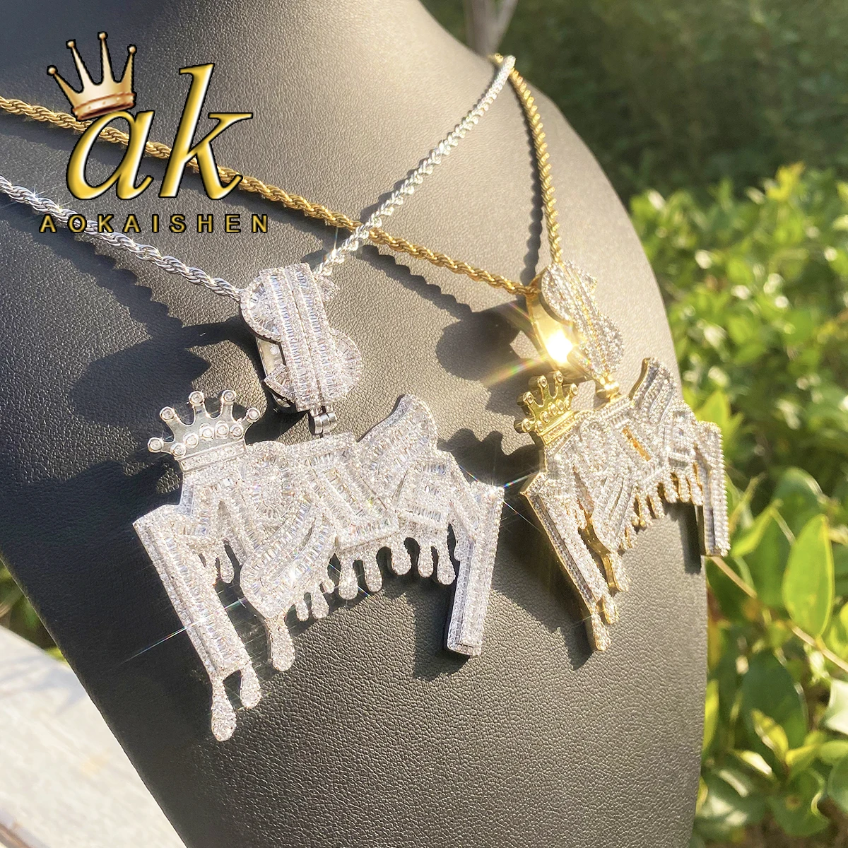 Aokaishen Iced Out Money Dollar Sign Bail Necklace Pendant for Men 5A Cubic Zirconia Gold Plated Hip Hop Jewelry