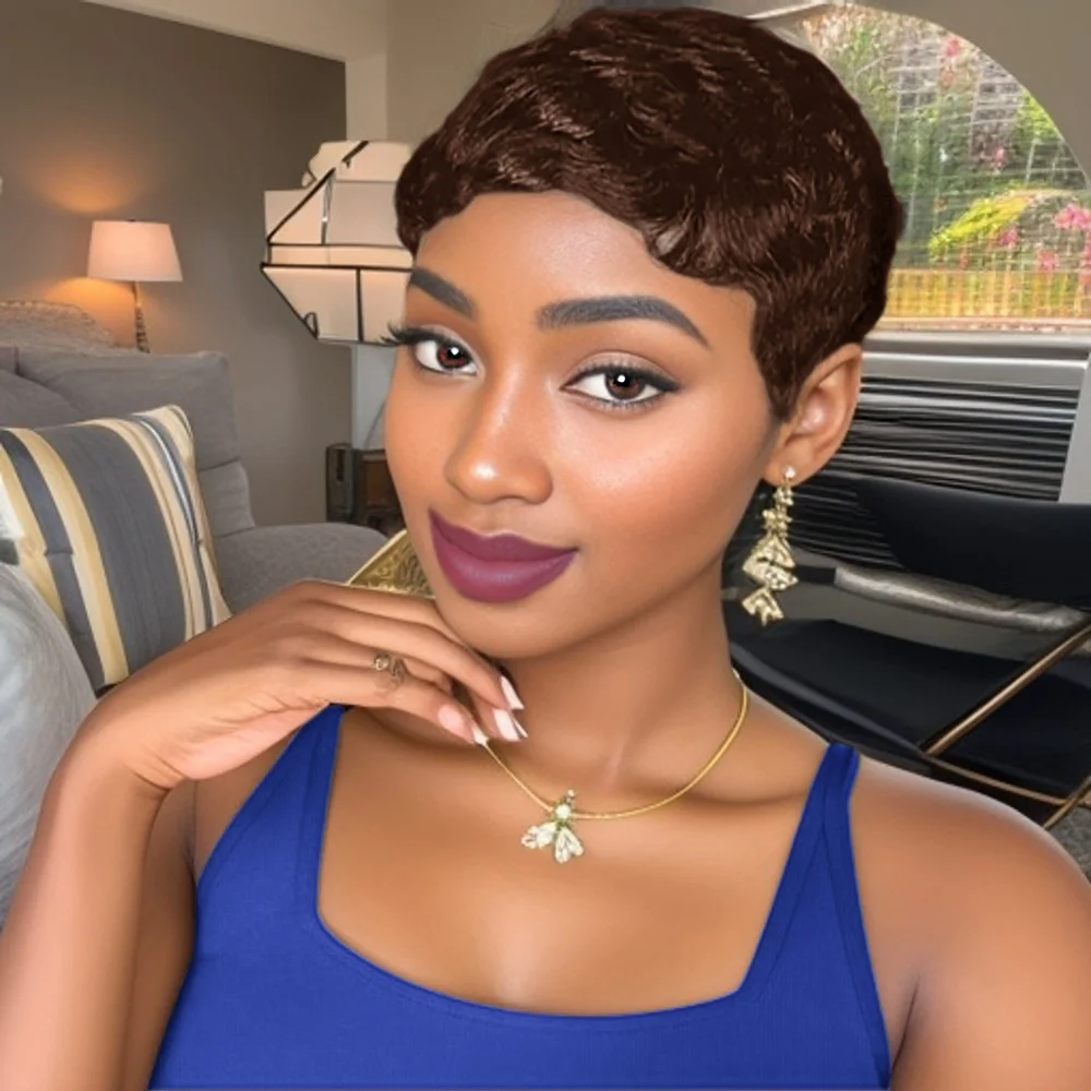 여성용 우아한 직선 인모 픽시컷 전체 기계 제작 가발, 데일리 파티용