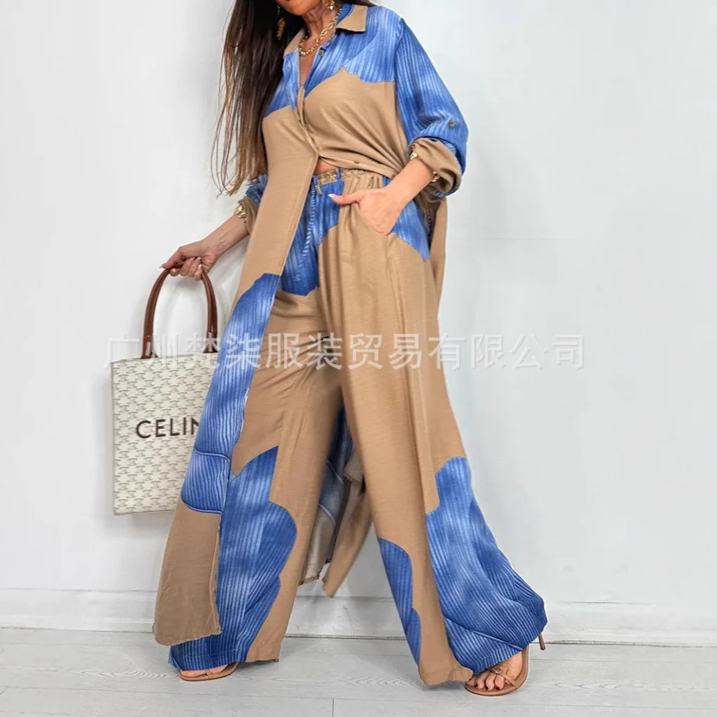Fashion Loose Printed Long Sleeve 2-piece Set Women\'s Single-breasted Cardigan Robe Wide-leg Pants Casual Two-piece Outfit Woman