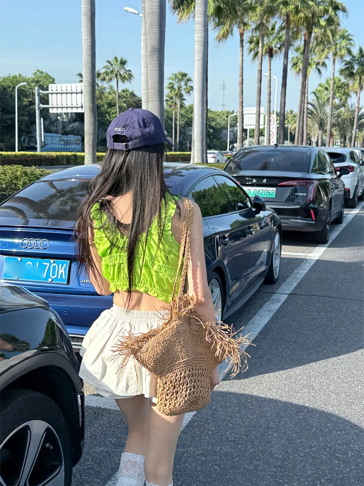 

Женский укороченный топ-жилет Matou с плиссировкой, облегающий, на бретельках, летний, повседневный, модный