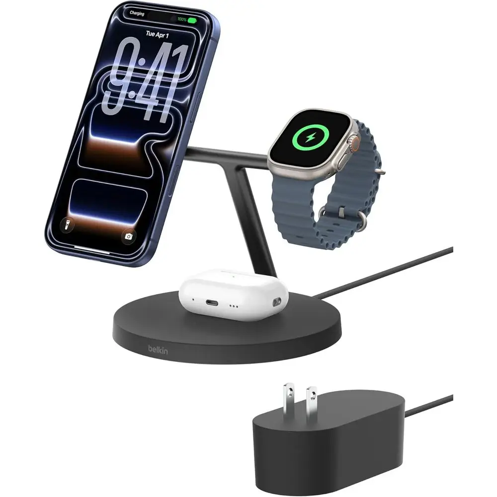 

3-in-1 Charging Station, Qi-Certified 15W Wireless Charger for iPhone 17 Series, Watch, AirPods with Non-Slip Base, 40W Adapter