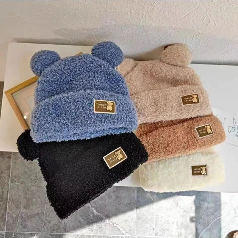 Fashion Autumn Winter Women Beanies Caps Warm Cute Bear Ear Hat Casual Couple Knitted Plush Soft