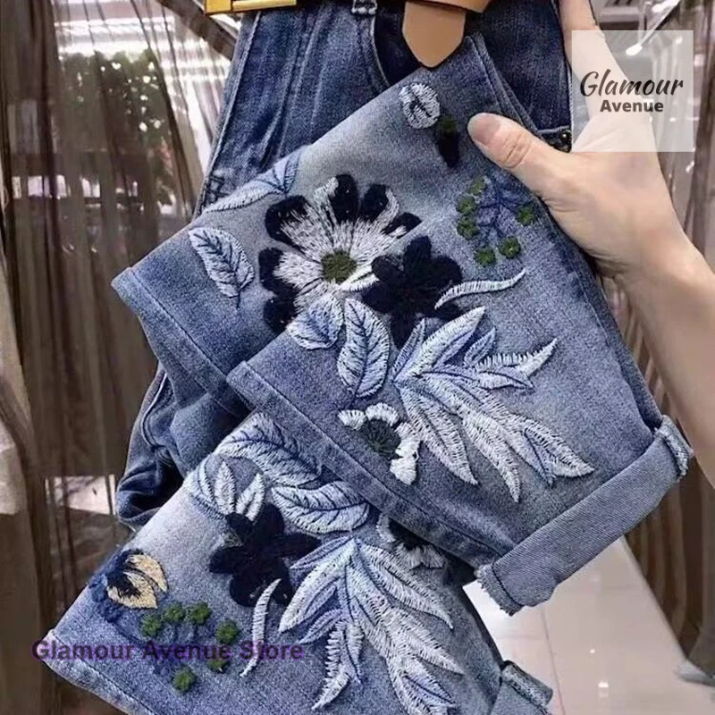 Korean retro jacquard high waist straight jeans women's spring and autumn new plus size fashion Joker slim loose wide-leg pants.