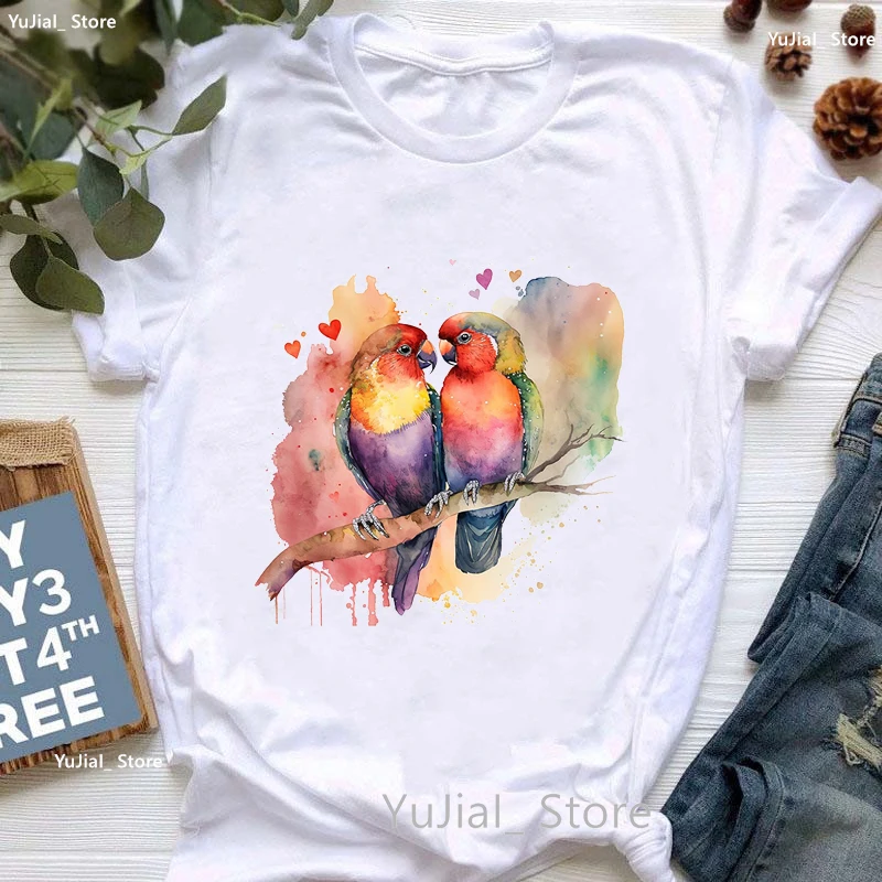 

Watercolor Cockatiel Parrot Love Print Tshirt Women Clothes 2024 Funny White T Shirt Femme Harajuku Kawaii T-Shirt Wholesale