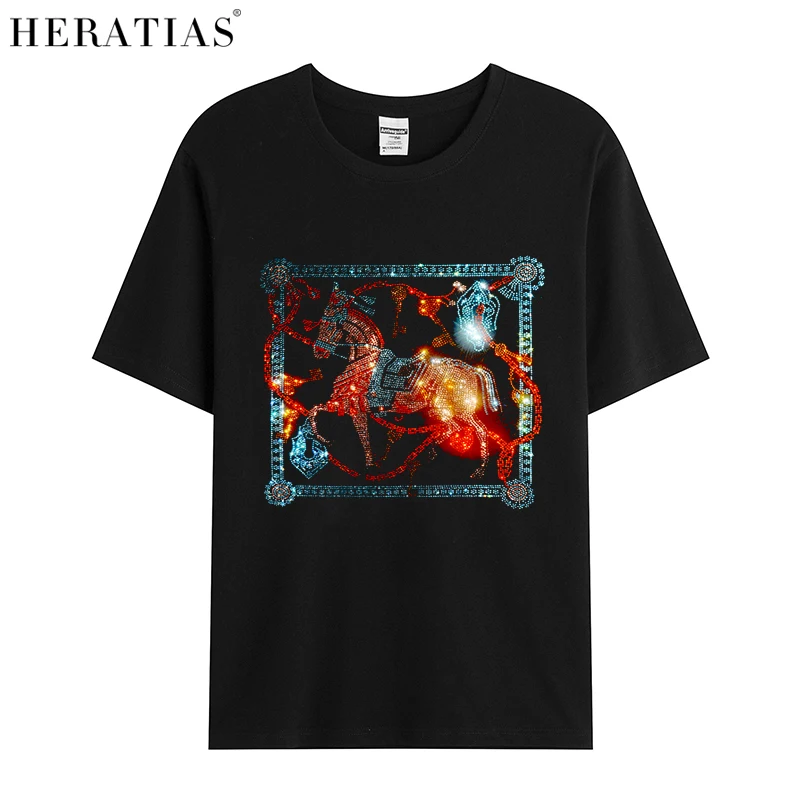 HERATIAS hot sale high quality men's summer casual T-shirt super flash Austrian diamond horse hot diamond T-shirt