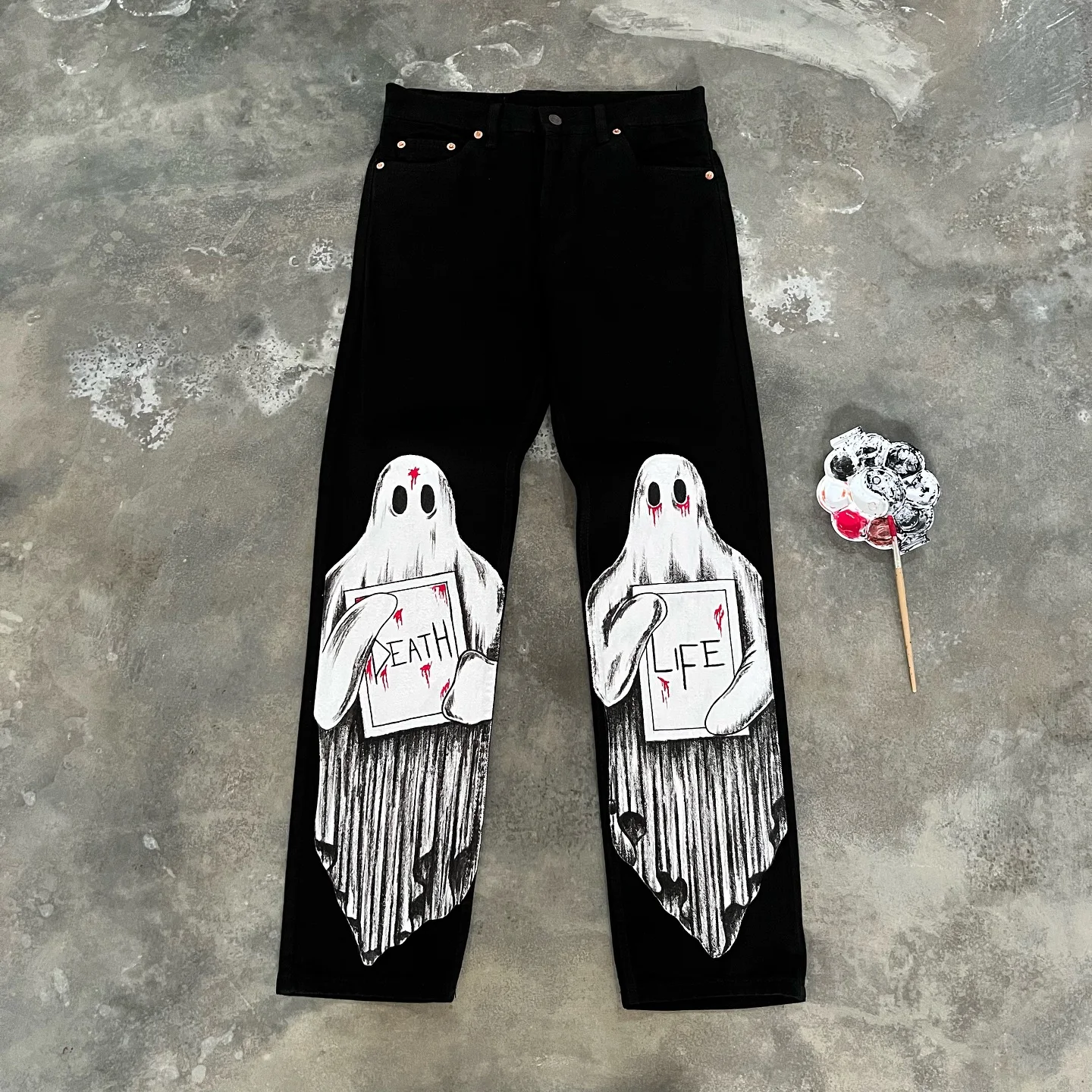 Harajuku Anime Ghost Jeans Men new Style High Waist Graphic wide leg jeans Streetwear Y2K Jeans for Men Women Wide Trouser Pants