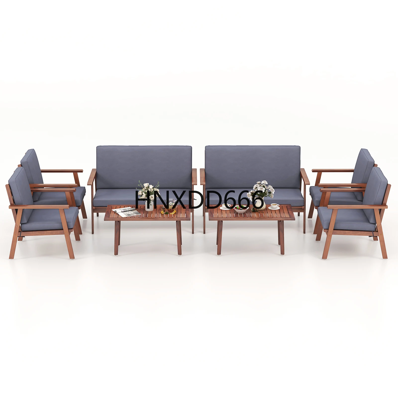 

8 PCS Patio Conversation Set Acacia Wood Sofa Coffee Table with Cushioned Seat Grey