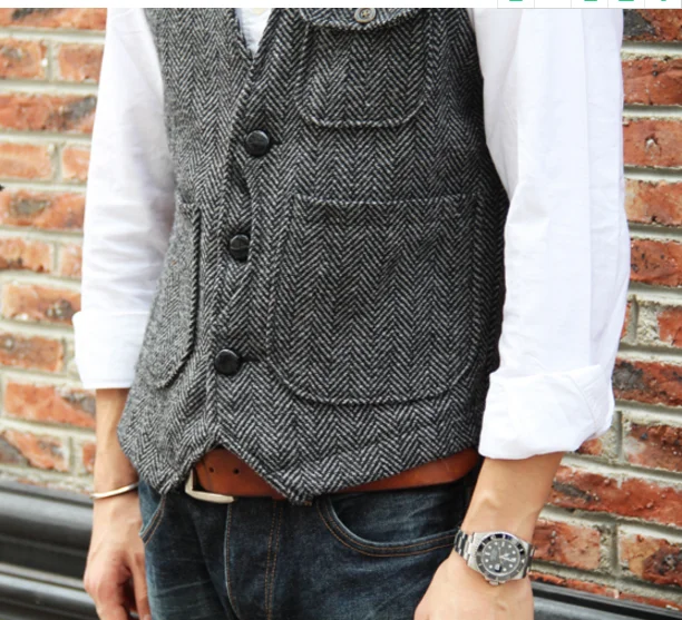 Casual Tooling Vest Formal Herringbone Tweed Brown V Neck Wool Waistcoat Business Vest Groomman For Wedding Prom