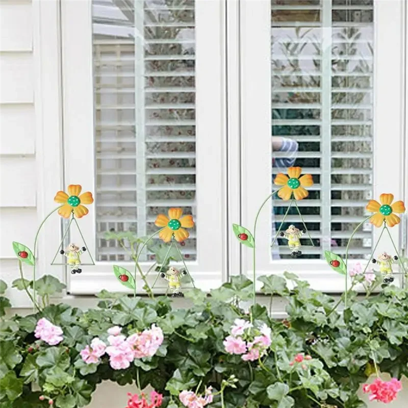 AD23-Iron Garden Flowers 6Pcs Decorative Iron Plant Stakes 10.6 Inch Ornamental Yard Stakes With Cute Animals On Swings