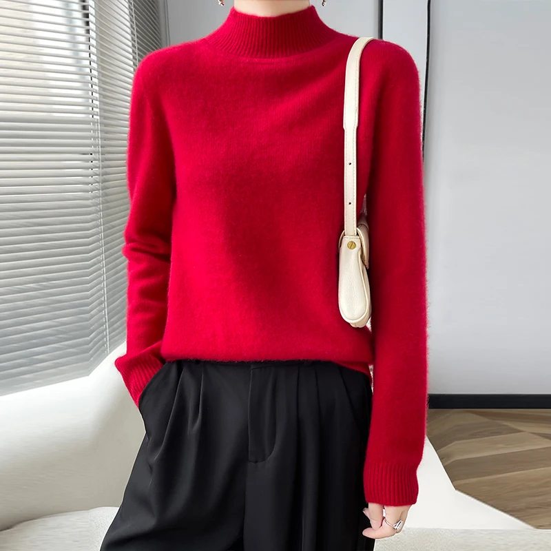 100% Merino Wool Sweater Women's Fall/Winter Half-neck Pullover Loose Knitted Bottom Shirt Long Sleeve Thickened Cashmere Top