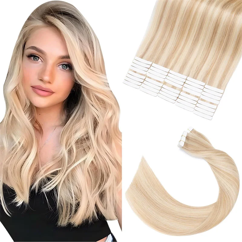 HAIRTIME #18P/613 Highlight THICK Tape In Real Remy Human Hair Extensions Double Drawn 20Pcs Full Head