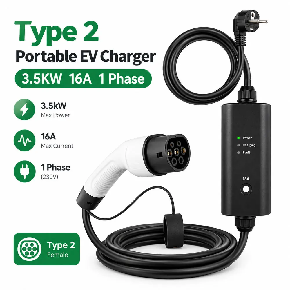 EVMBO Type 2 Portable EV Charger 3.5kW 16A 230V 1 Phase Adjustable 16A Electric Car Charging Cable 5M Electric Vehicle Charger