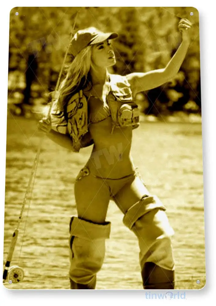 Tinworld Tin Sign Stolen Bait Pin-Up Fishing Girl Fish Garage Marina Metal Sign Decor B698