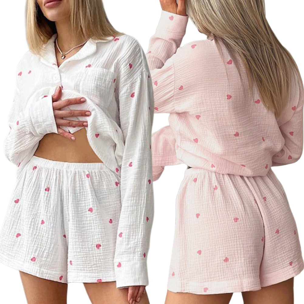 

Shorts Nightwear Set Cotton Ruffle Shirt Shorts 2 Piece Heart Print Women Loungewear Button Down Top and Shorts Sleepwear Outfit