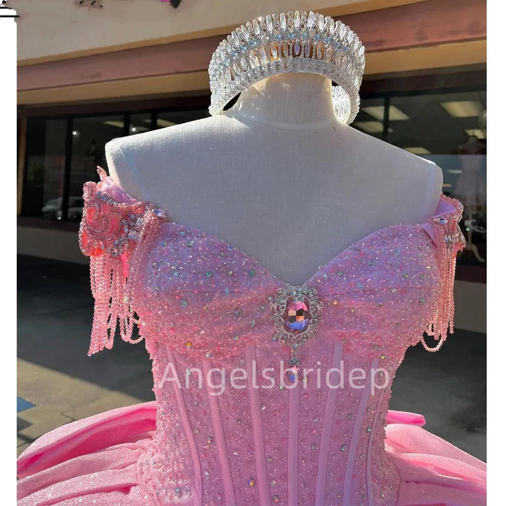 Angelsbridep Glitter Tulle Pink Ball Gown 15 Year Old Quinceanera Dresses 2025 Tassel Beading Tiered Off Shoulder Evening Dress