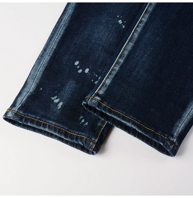 Herren Jeans mit Löchern und Patchwork-Design, Streetwear, dunkelblau, Stretch-Hose, bemalte Skinny Tapered Hose – Detail 10