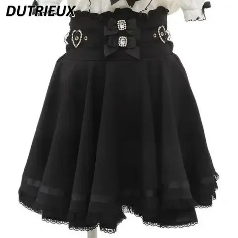 

Japanese Mine Skirts Female Kawaii Lolita Girl Sweet Cute Bow Lotus Leaf Short Skirt Autumn New Lace Patchwork Pleated Skirt