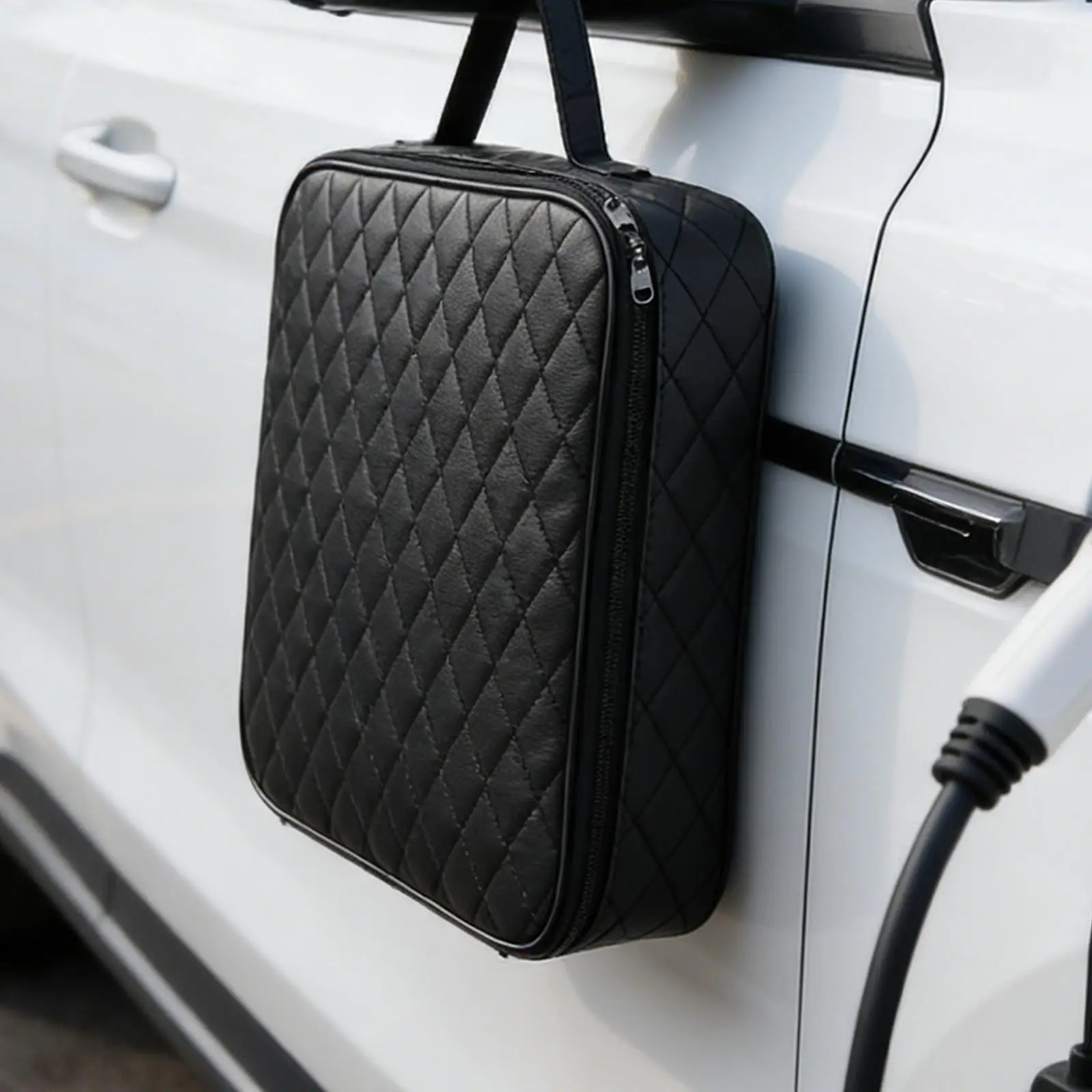 

Durable PU Leather Car Charging Cable Bag Double Zipper Organizer for Electric Vehicle Outdoor Use