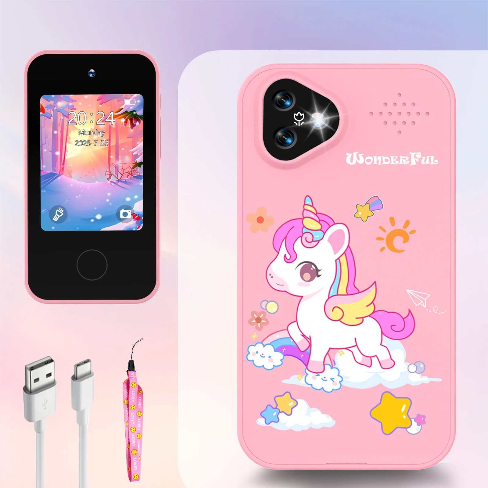 kids smartphone with dual cameras, kids' camera, 1080p video recording, educational games, torchlight and more – pony design