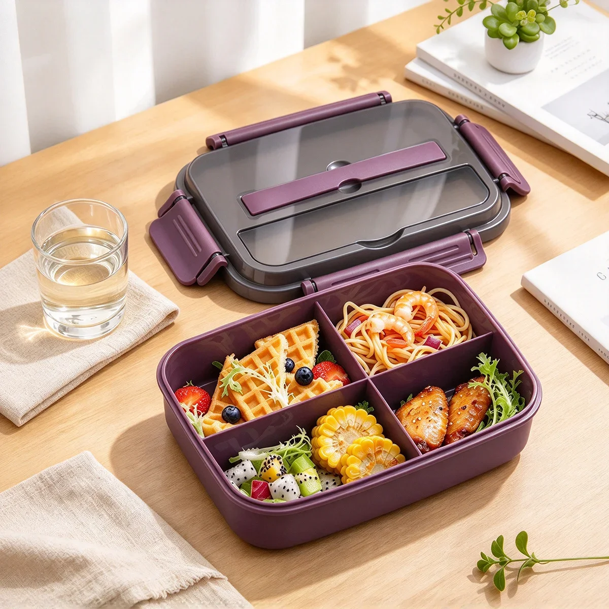 1pc Purple Red Portable Leak Resistant Food Container 4 Sections Bento Lunch Box for School Work & Camping Kitchen Tool