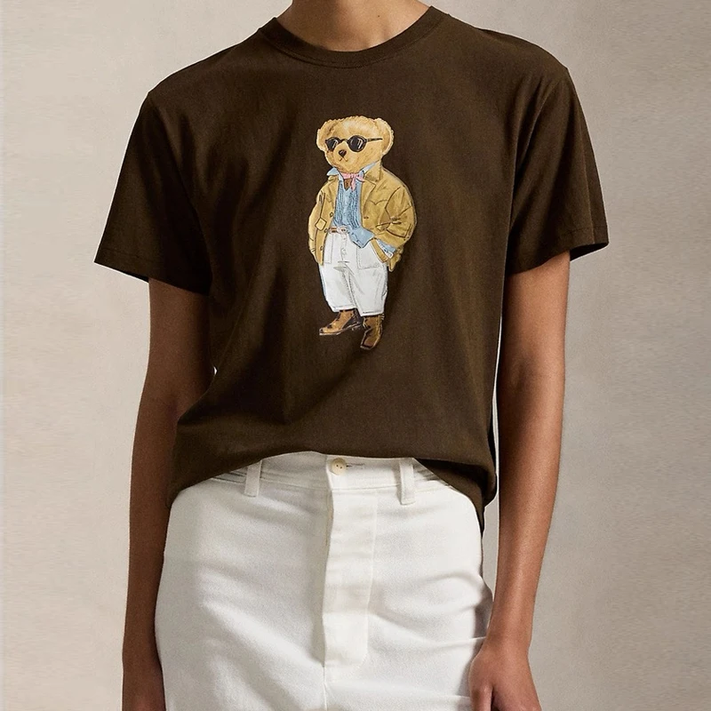 

Spring Summer 2026 Women's Cotton T-shirt round Neck Short Sleeve Cartoon Bear Casual Style Pure Color Top Ladies Fashion