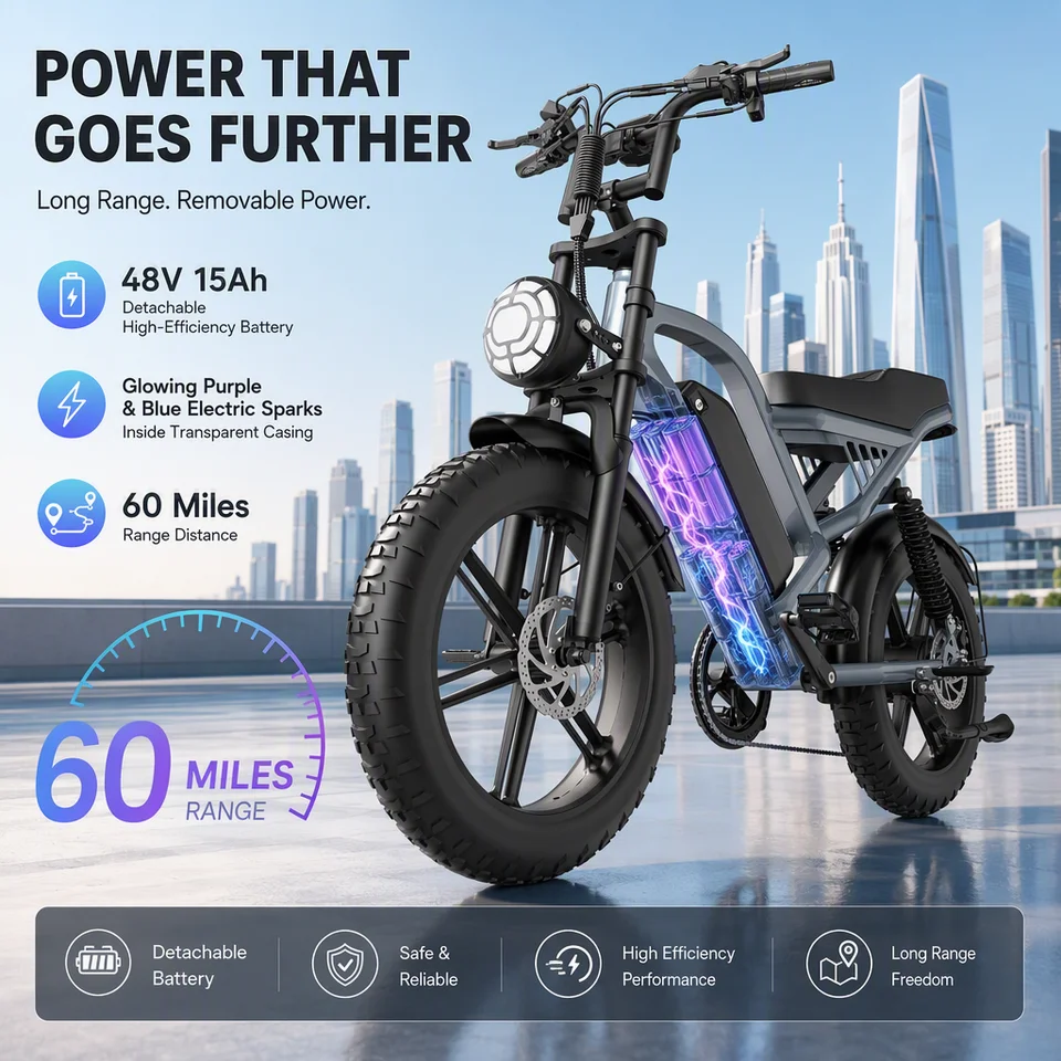 750W Fat Tire Electric Bike for Adults, 48V 15Ah 720Wh Battery with 60-Mile Range, 100Nm Torque 28MPH Off-Road E-Bike, Dual Suspension & Disc Brakes All-Terrain Mountain Ebike image 6