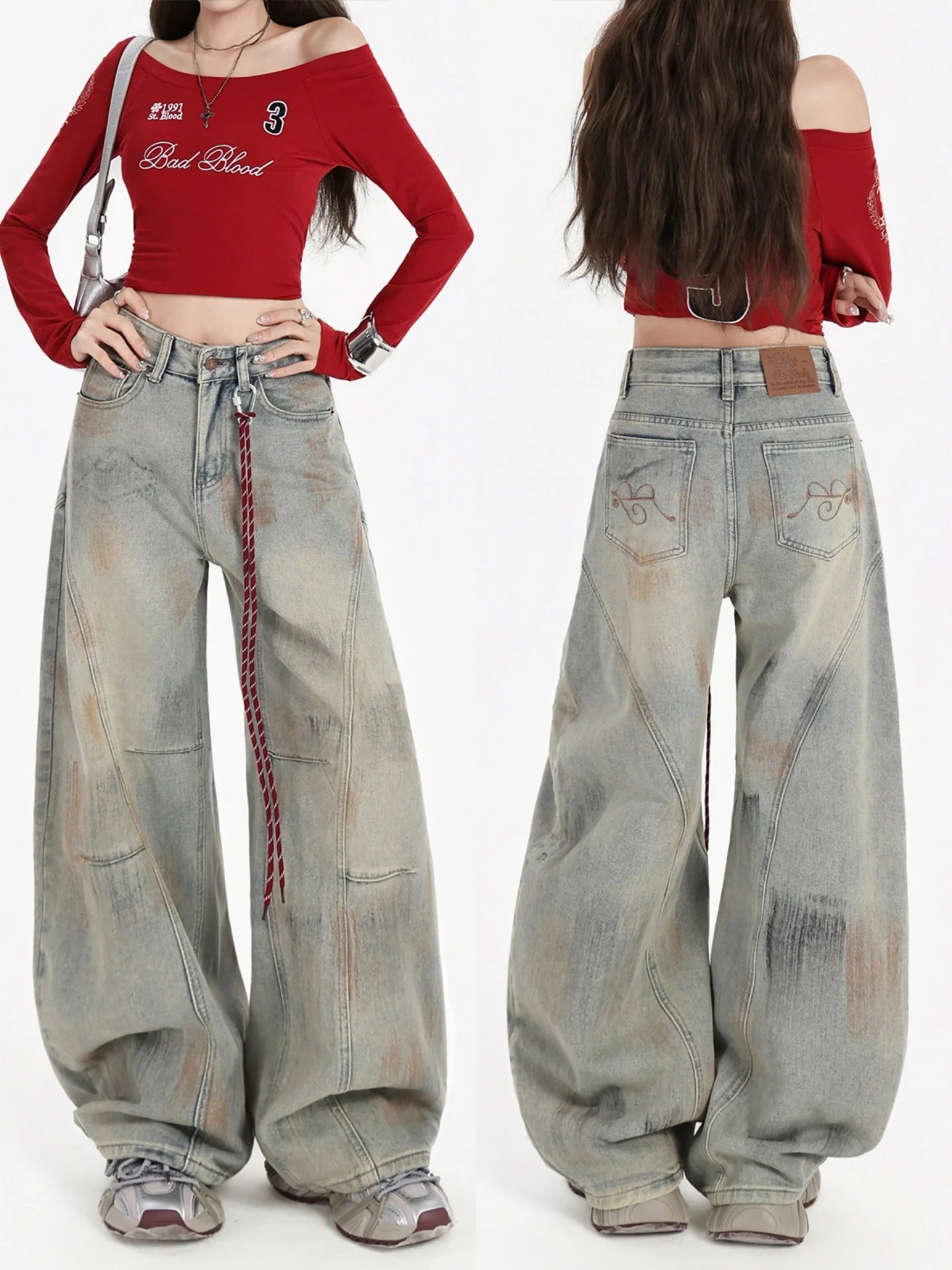 

Джинсы прямого кроя в американском винтажном стиле больших размеров для женщин, с низкой посадкой, для фигуры типа «груша», утягивающие, с широкими штанинами