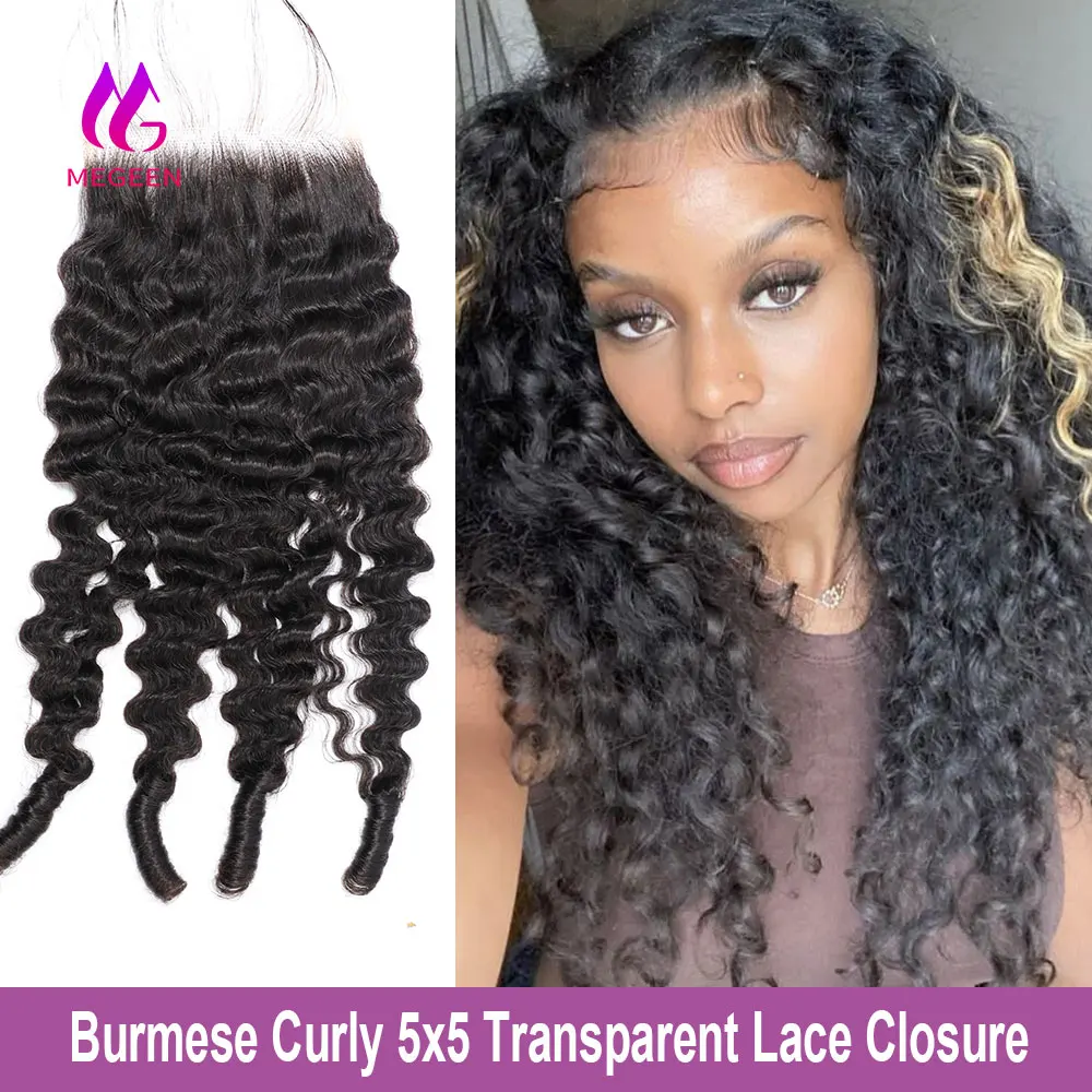 

Megeen бирманские кудрявые 5x5 прозрачные кружевные застежки с спиральными концами, бесплатная часть 12-20 дюймов, человеческие волосы для наращивания, для изготовления париков