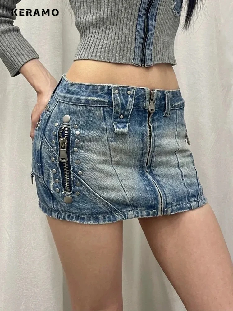 Saia com zíper Vintage A-Line feminino, Streetwear Y2K, bainha sexy, casual, cintura alta, fino, doce quente, mini jeans, curto, verão, 2024