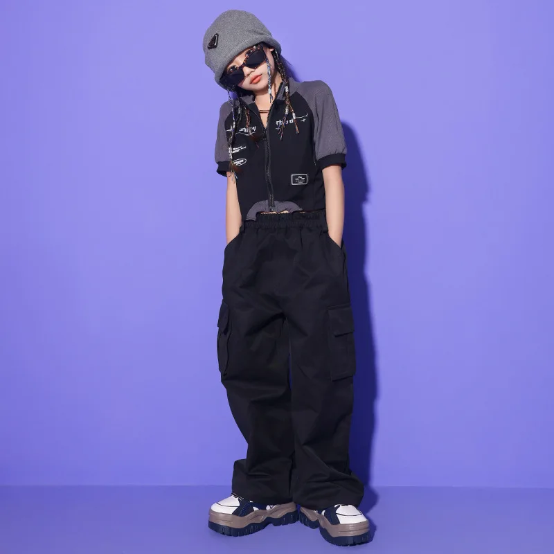 Kid Kpop Hip Hop Clothing Zip UP Crop Top Short Sleeve Shirt Black Casual Cargo Pants for Girls Boys Jazz Dance Costume Clothes