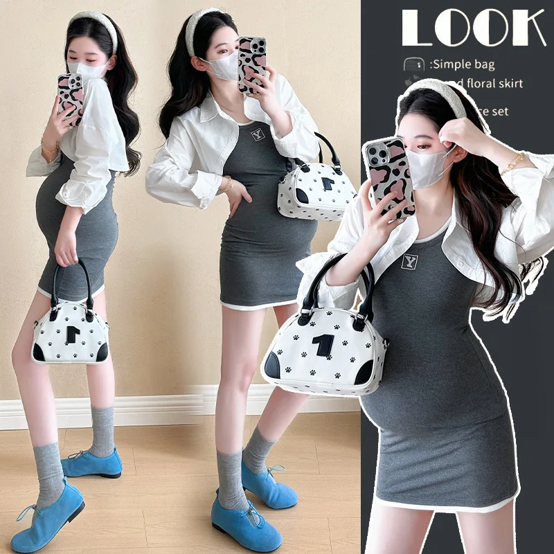 

2025 Pregnancy Set Autumn Long Sleeve Shirt Sleeveless Pinafore Two Piece Outfit Petite Friendly Comfortable Maternity Wear