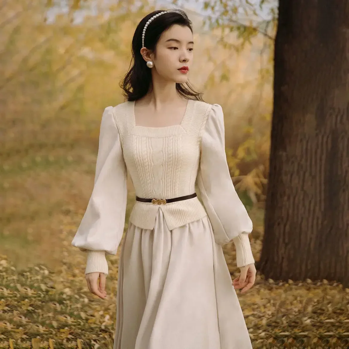 2025 Vintage Elegant Sweater Dress Women Autumn Winter New French Bubble Lantern Sleeve Long Dresses Fake Two-piece - Image 3
