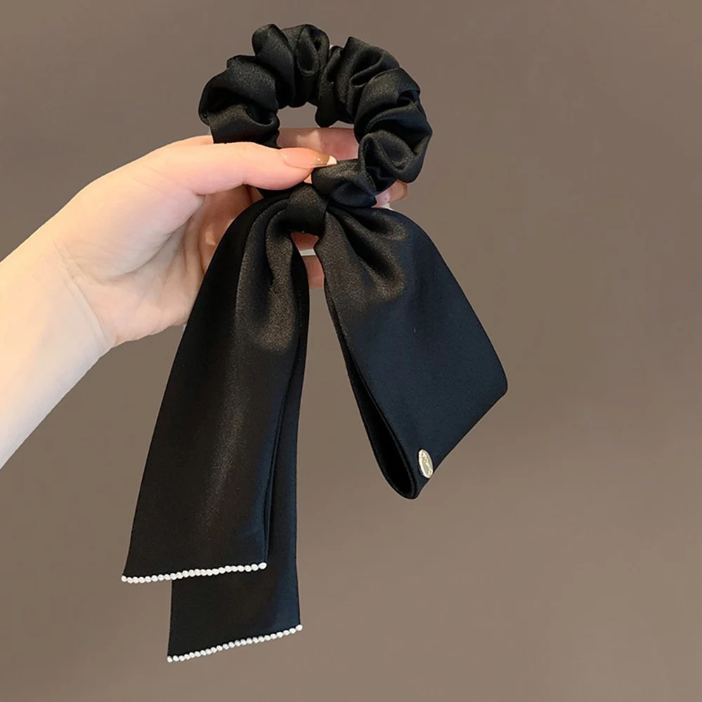 Pearl Edge Bow Hair Rope French Satin Ribbon Solid Color Elegant High Ponytail Holder Elastic Hair Band Fashion Hair Accessories