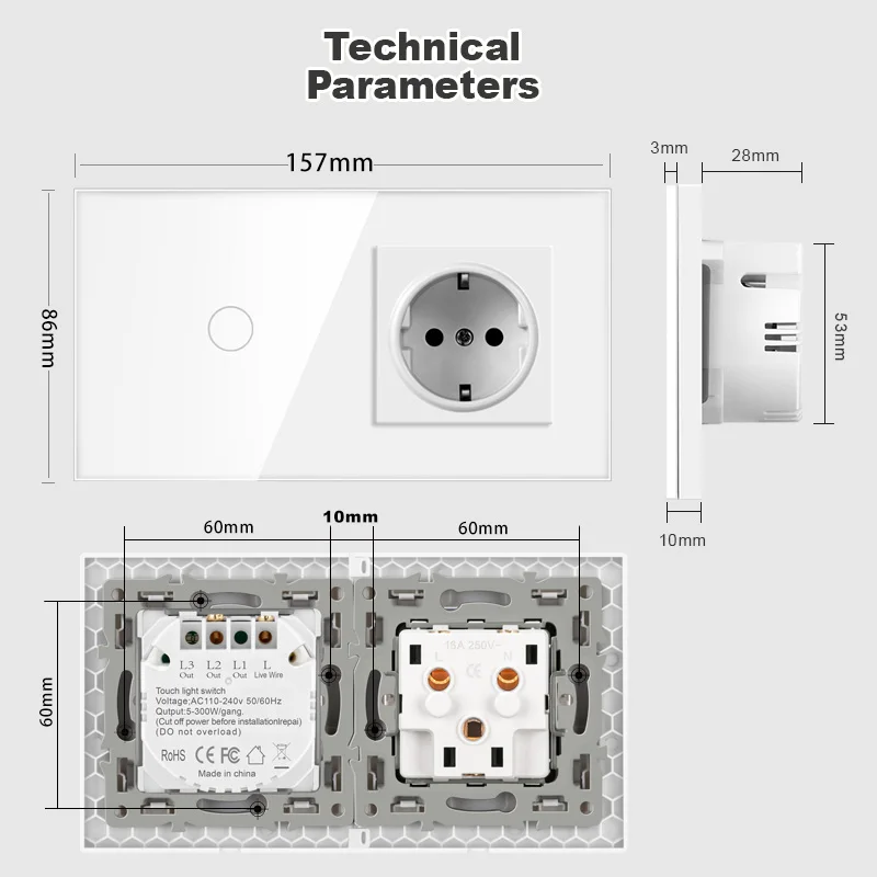 NOVSKI1/2/3Gang Touch Light Switch 1Way Simple Sensor Switch Type-c USB Sockets EU Standard Glass Panel Blue Backlight 10A White