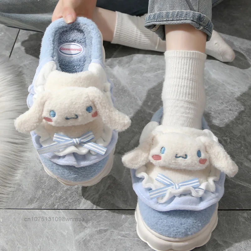 Sanrio Hello Kitty Kuromi Slippers Cute Cinnamoroll Cotton Fuzzy Slippers My Melody Women\'s Winter Velvet Warm Home Shoes Gifts