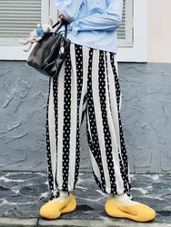 IMAKOKONI original design elastic waist striped pockets loose wide leg pants nine-quarter pants 223763